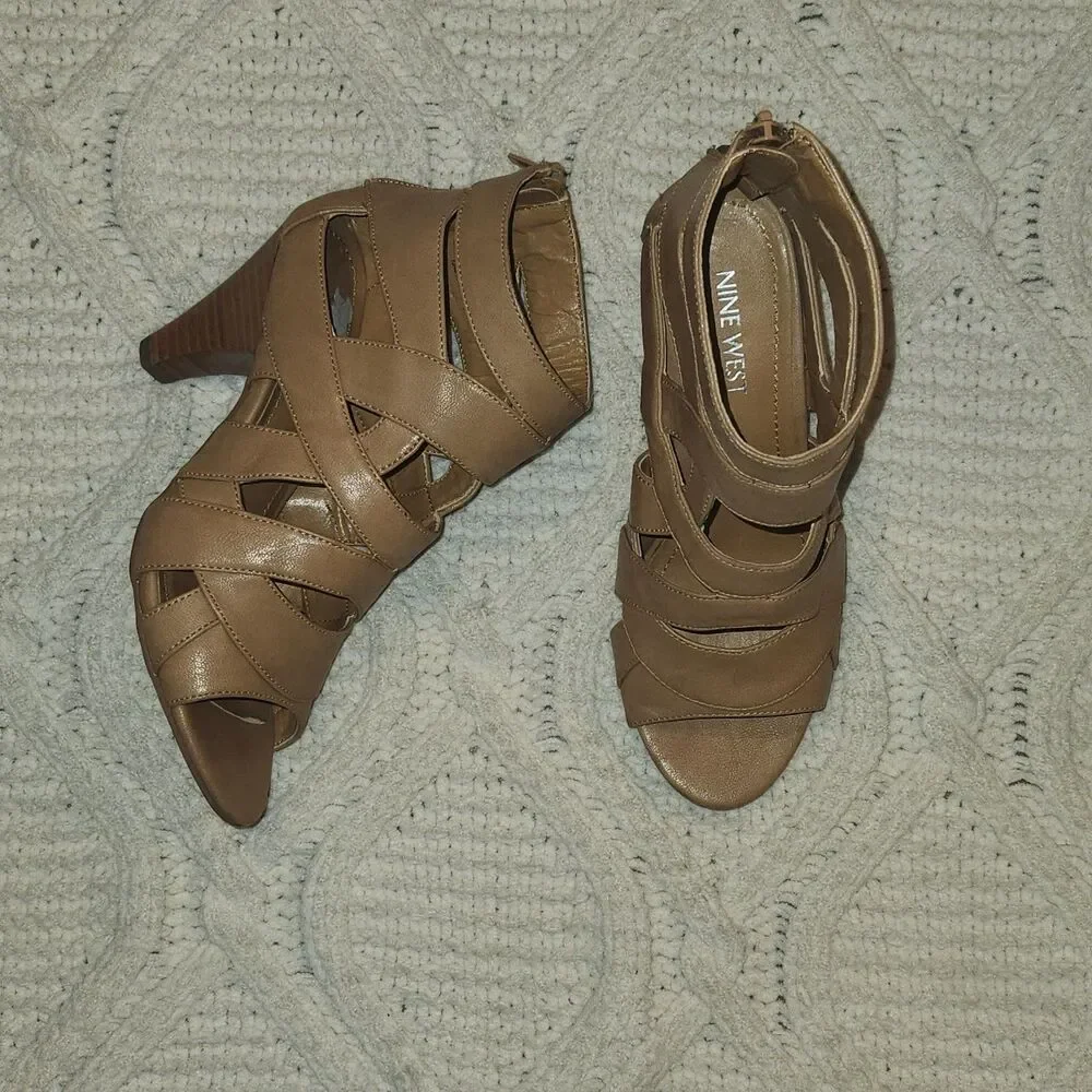 Nine West Tan Open Toe Bootie Heels Size 5.5 M - Picture 5 of 6